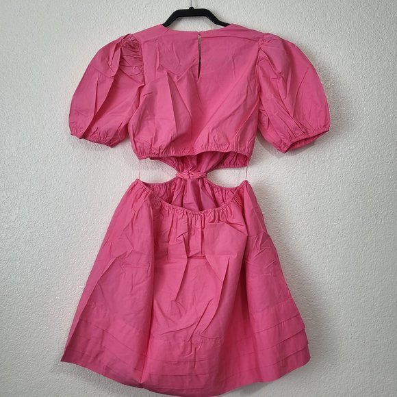 Women's English Factory Puff Sleeves Pleats with Cut Out Mini Pink Dress Sz SM - Picture 9 of 9